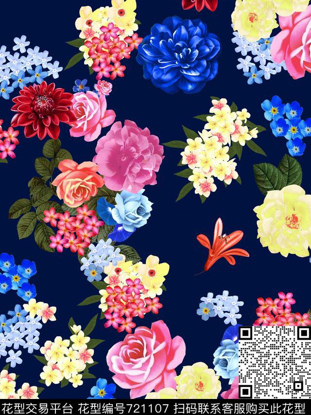 MF50.jpg - 721107 - 雏菊 玫瑰 宝蓝底 - 数码印花花型 － 女装花型设计 － 瓦栏
