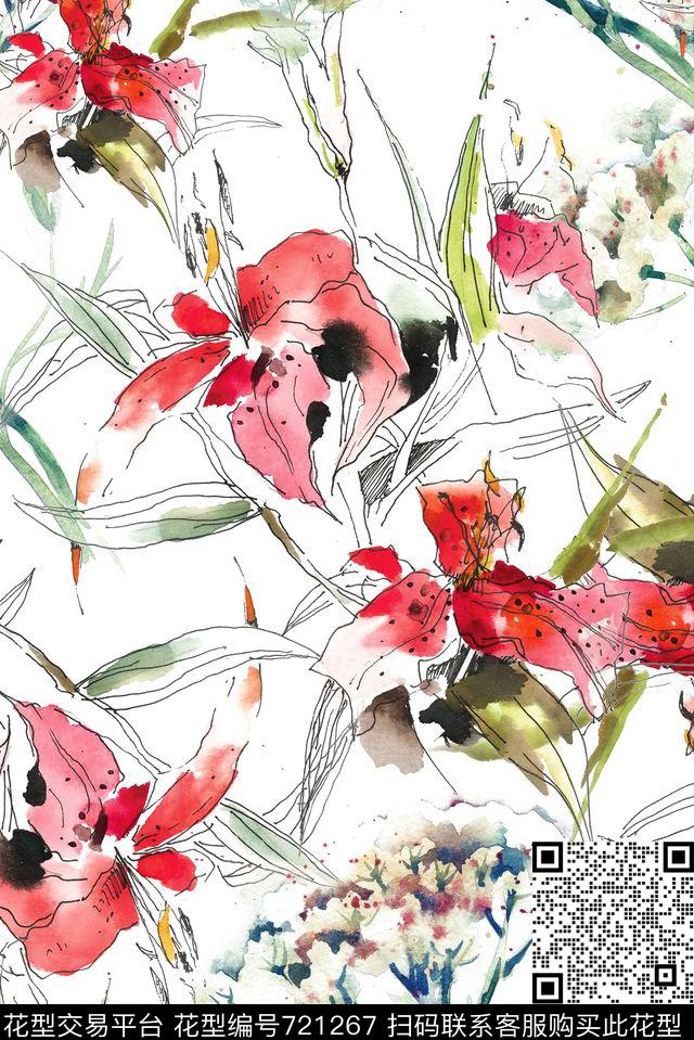 手绘水彩线描花卉.jpg - 721267 - 手绘 水彩 线描 - 数码印花花型 － 女装花型设计 － 瓦栏