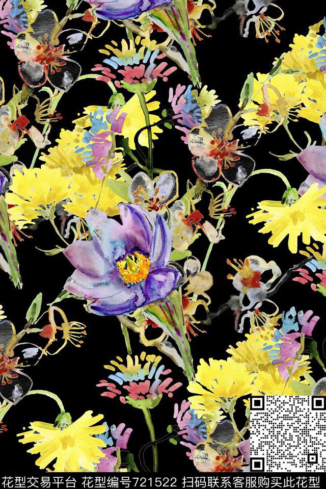油彩涂鸦手绘花卉.jpg - 721522 - 油彩 涂鸦 手绘 - 数码印花花型 － 女装花型设计 － 瓦栏