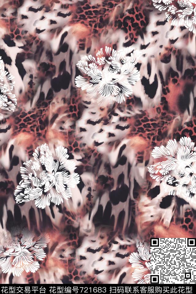 豹纹花朵印红.jpg - 721683 - 豹纹 动物纹 花朵花卉 - 数码印花花型 － 女装花型设计 － 瓦栏
