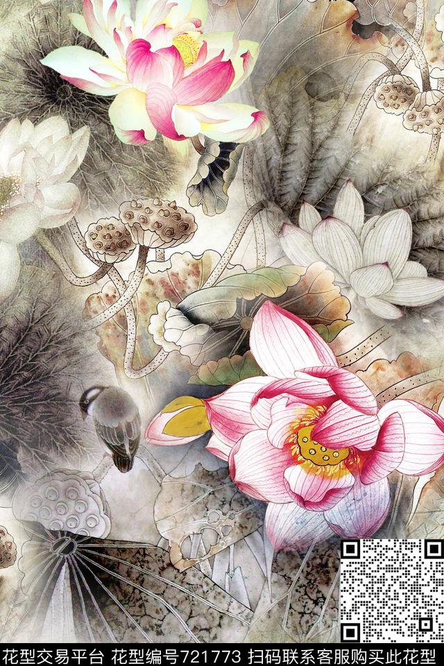 x-0699.jpg - 721773 - 民族风 中国风 荷花 - 数码印花花型 － 女装花型设计 － 瓦栏