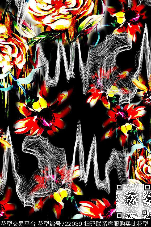 丝线波纹花卉.jpg - 722039 - 丝线 抽象波纹 花卉花朵 - 数码印花花型 － 女装花型设计 － 瓦栏