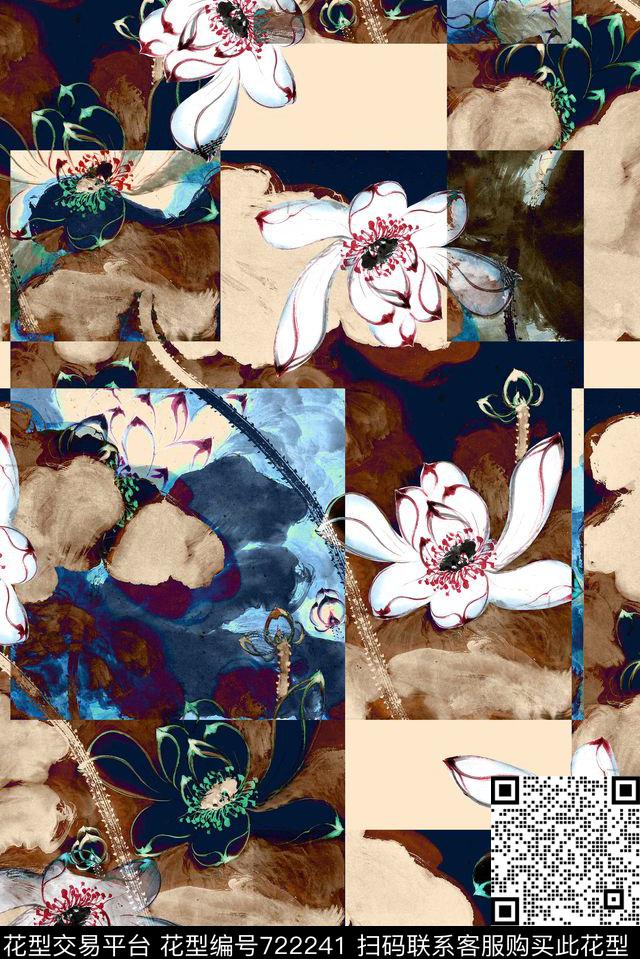 荷梦 - 722241 - 中国风写意 动感中国风 中国风大气手绘 - 数码印花花型 － 女装花型设计 － 瓦栏