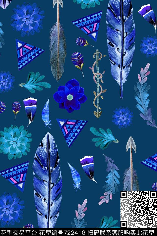 部落羽毛金字塔弓箭蓝.jpg - 722416 - 巴西 神话 非洲 - 数码印花花型 － 女装花型设计 － 瓦栏