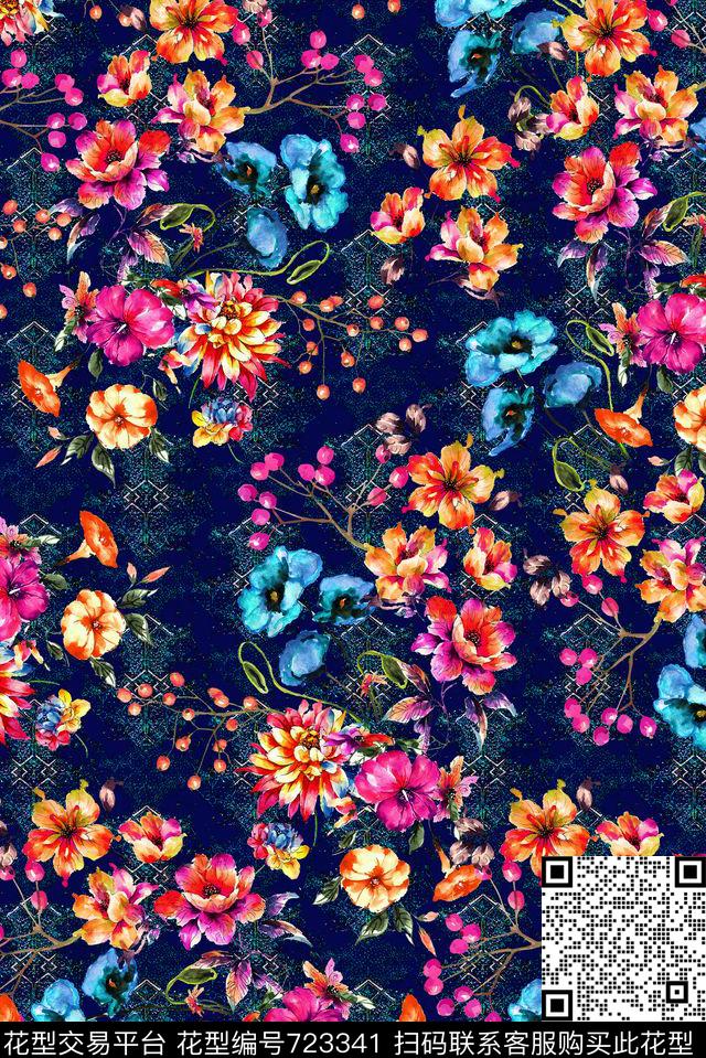 花卉水晶蓝.jpg - 723341 - 乱花 花朵 花卉 - 数码印花花型 － 女装花型设计 － 瓦栏