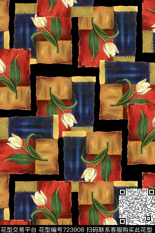 油画郁金香色块.jpg - 723908 - 花朵 花卉 格子油画 - 数码印花花型 － 女装花型设计 － 瓦栏