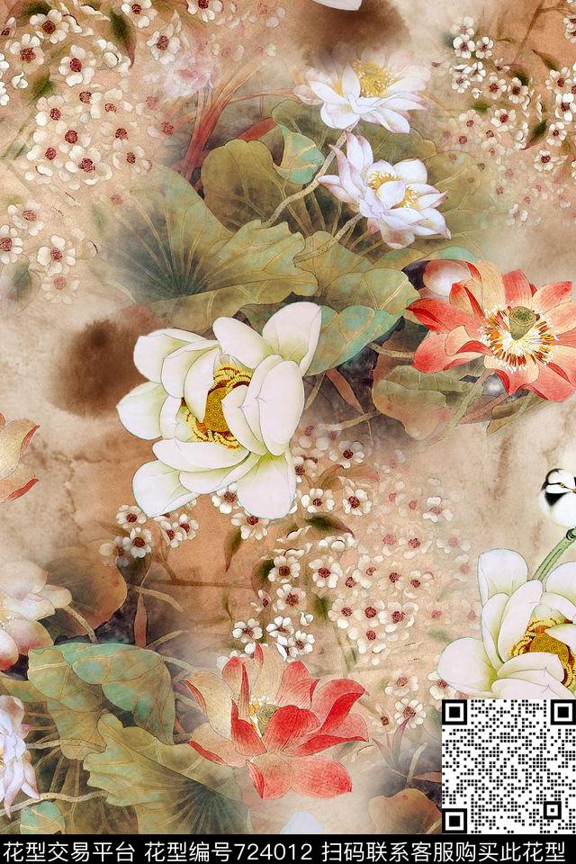 x-0711.jpg - 724012 - 民族风 中国风 荷花 - 数码印花花型 － 女装花型设计 － 瓦栏