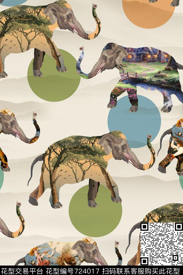 20161020大象-1.jpg - 724017 - 插画大象 动物风景 象 - 数码印花花型 － 女装花型设计 － 瓦栏
