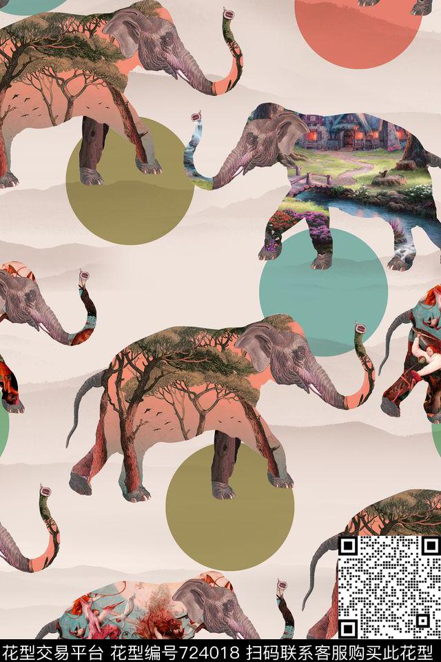 20161020大象-2.jpg - 724018 - 插画大象 动物风景 象 - 数码印花花型 － 女装花型设计 － 瓦栏