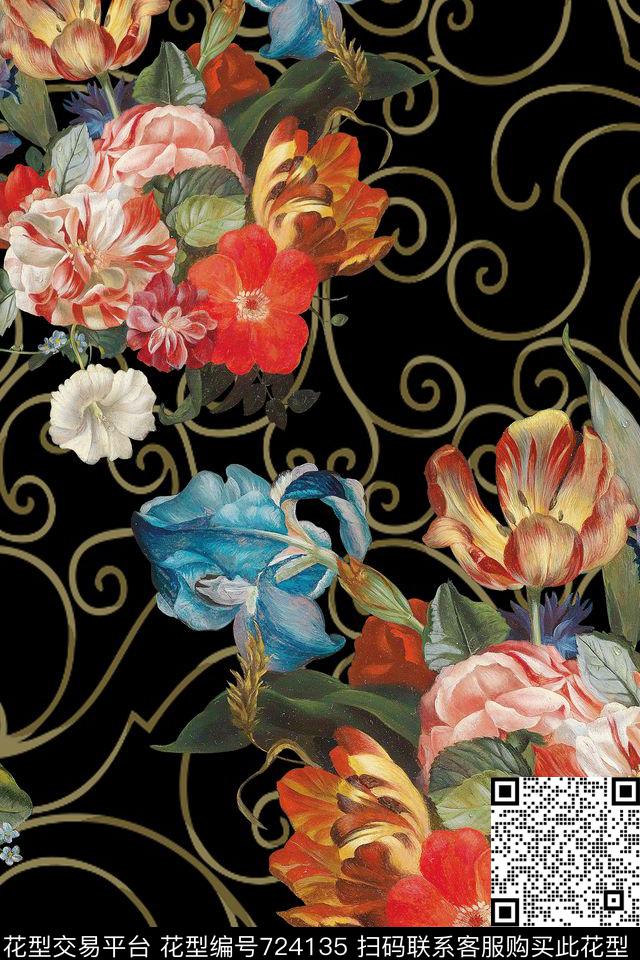 欧式花纹.jpg - 724135 - 花朵 花卉 油画、写实、欧式花纹 - 数码印花花型 － 女装花型设计 － 瓦栏