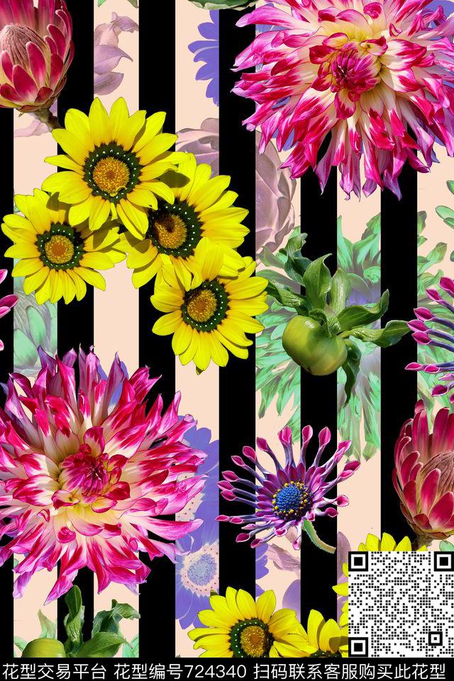 FY0657.jpg - 724340 - 花朵 花卉 竖条 - 数码印花花型 － 女装花型设计 － 瓦栏