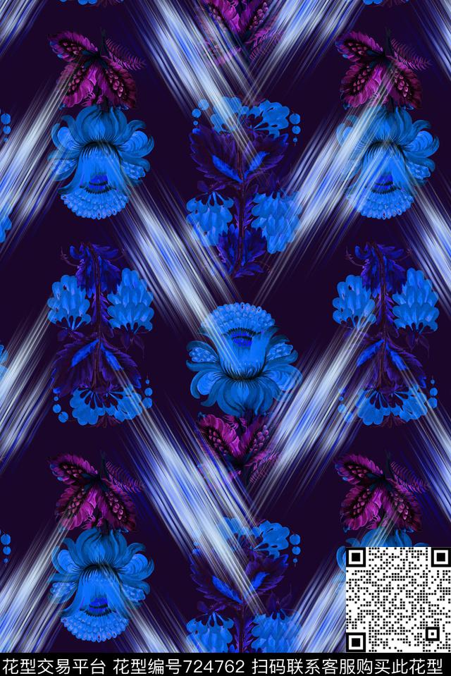 抽象波浪花卉蓝.jpg - 724762 - 花朵 花卉 抽象波浪 - 数码印花花型 － 女装花型设计 － 瓦栏