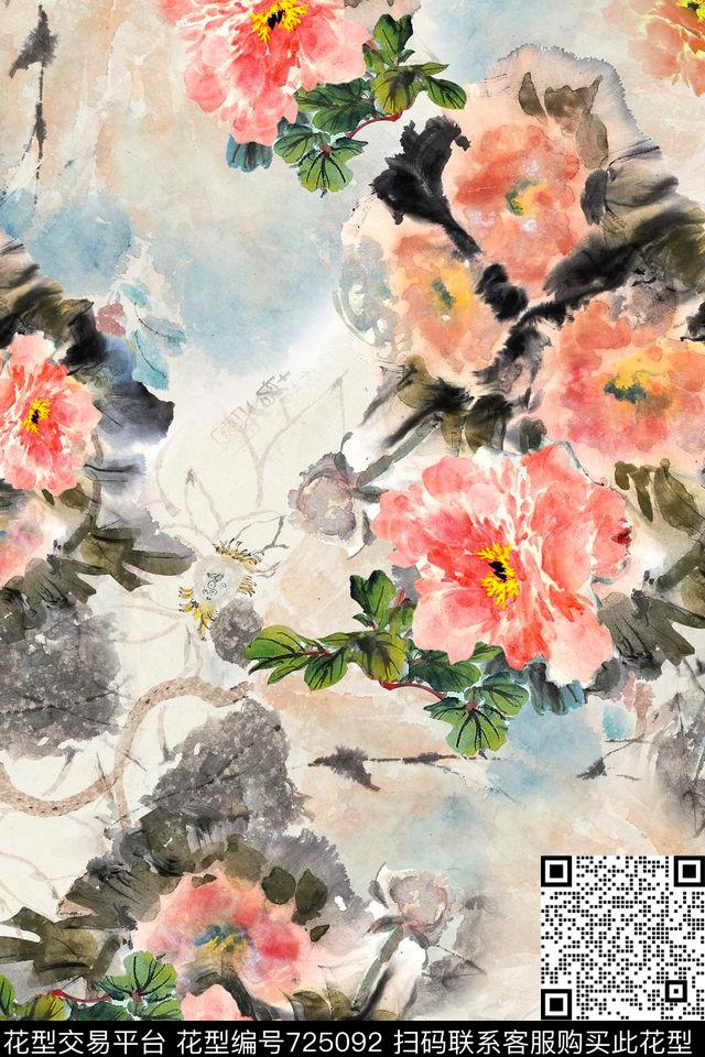 x-0717.jpg - 725092 - 民族风 中国风 水墨 - 数码印花花型 － 女装花型设计 － 瓦栏
