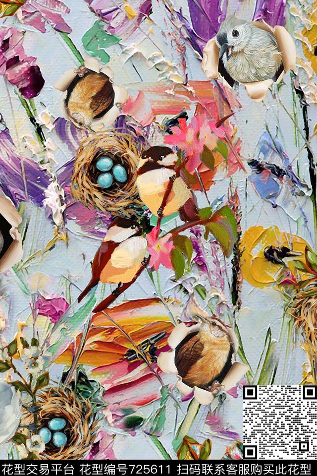 油画 花卉 鸟.jpg - 725611 - 油画 花卉 鸟 - 数码印花花型 － 女装花型设计 － 瓦栏