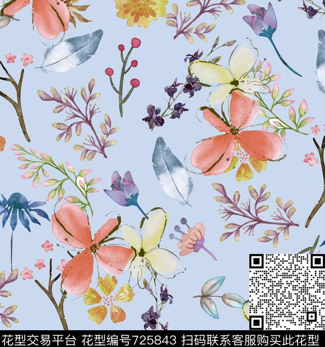 CG-1055-CWS.jpg - 725843 - 水彩 树叶 羽毛 - 数码印花花型 － 沙发布花型设计 － 瓦栏