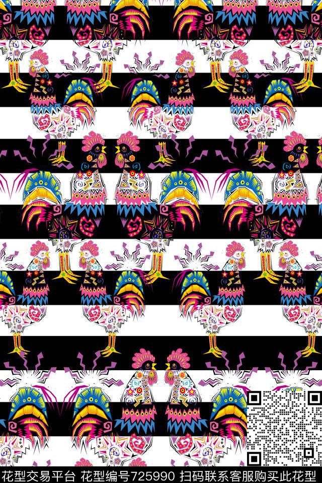 FLZ-10-68.jpg - 725990 - 鸡 条纹 多彩 - 数码印花花型 － 女装花型设计 － 瓦栏