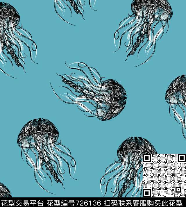 07347.tif - 726136 - 海底生物 水母 简单 - 传统印花花型 － 泳装花型设计 － 瓦栏