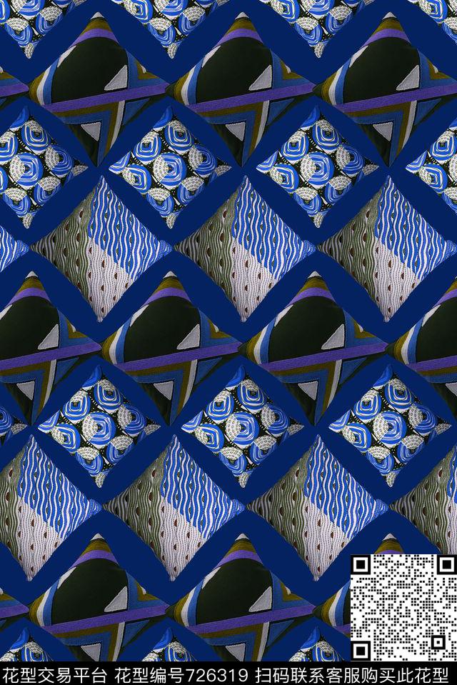 几何抱枕蓝.jpg - 726319 - 小方块 方格 三角形 - 数码印花花型 － 女装花型设计 － 瓦栏
