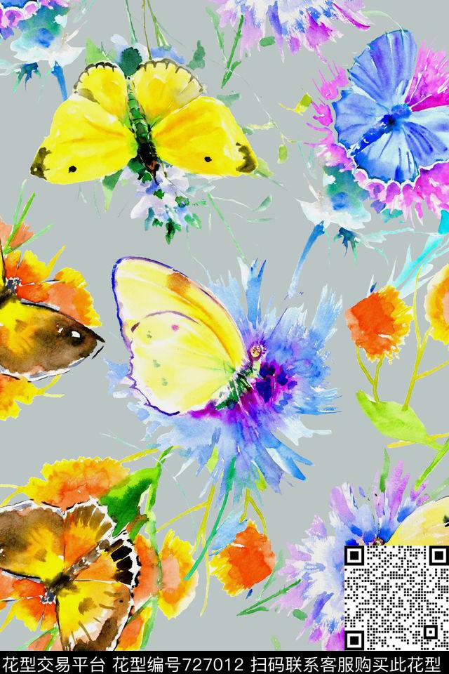 2016-10-21蝴蝶花卉2.jpg - 727012 - 蝴蝶 花卉 水彩 - 数码印花花型 － 女装花型设计 － 瓦栏