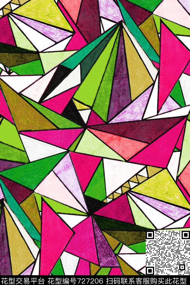ym140-8-.tif - 727206 - 手绘 迷幻几何 立体 - 数码印花花型 － 女装花型设计 － 瓦栏