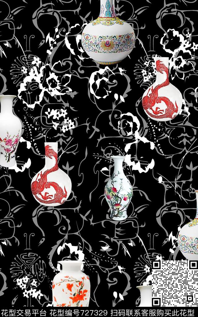 1022e3.jpg - 727329 - 中国风 国画 树叶 - 数码印花花型 － 女装花型设计 － 瓦栏