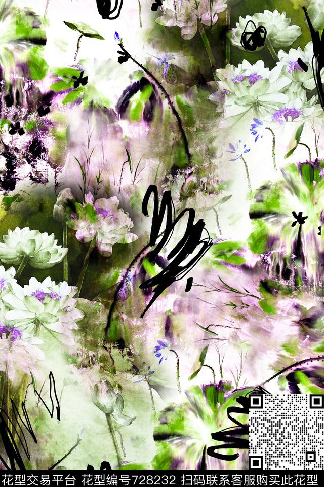 12232.jpg - 728232 - 中国风 荷花 抽象写意 - 数码印花花型 － 女装花型设计 － 瓦栏