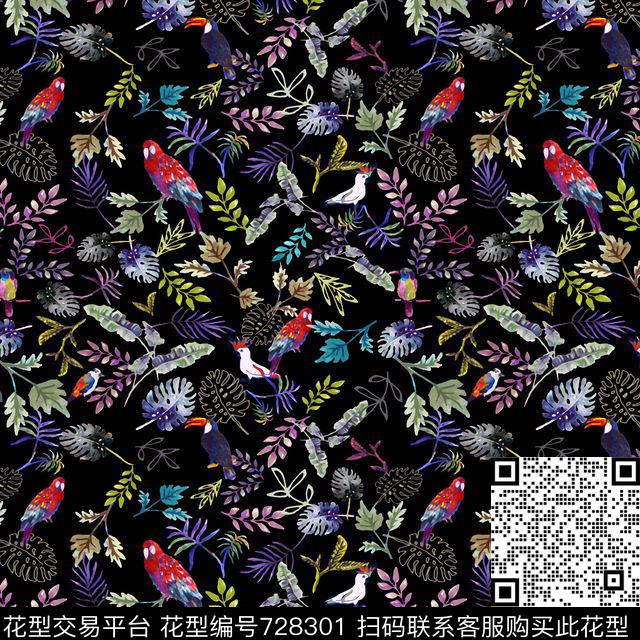 BIRDS IN NIGHT JUNGLE.jpg - 728301 - 动物 树叶 花鸟 - 数码印花花型 － 女装花型设计 － 瓦栏