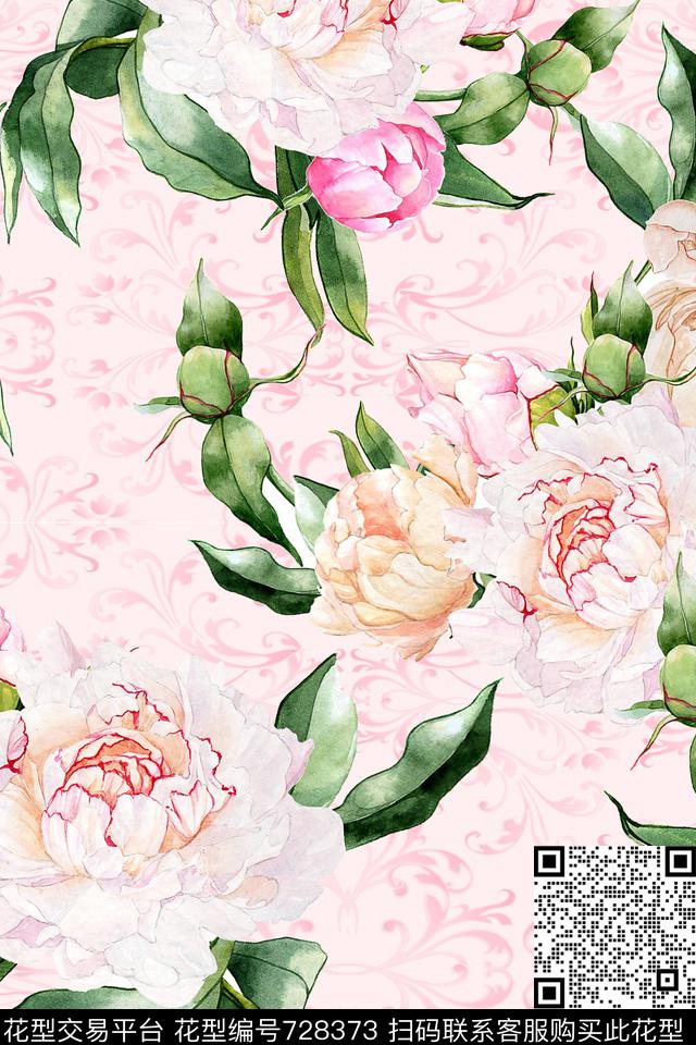 水彩花卉 欧式花纹2.jpg - 728373 - 时尚花卉 牡丹 玫瑰 - 数码印花花型 － 女装花型设计 － 瓦栏