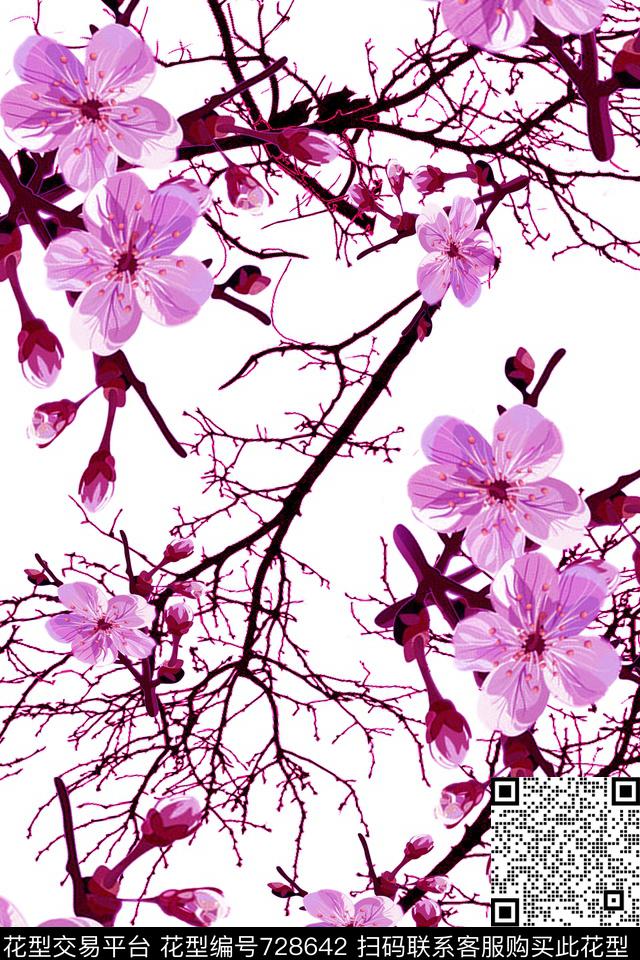 花和枝 粉红.jpg - 728642 - 血红 花卉 透明花 - 数码印花花型 － 女装花型设计 － 瓦栏