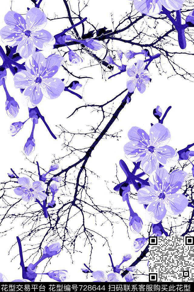 花和枝 蓝紫.jpg - 728644 - 血红 花卉 透明花 - 数码印花花型 － 女装花型设计 － 瓦栏