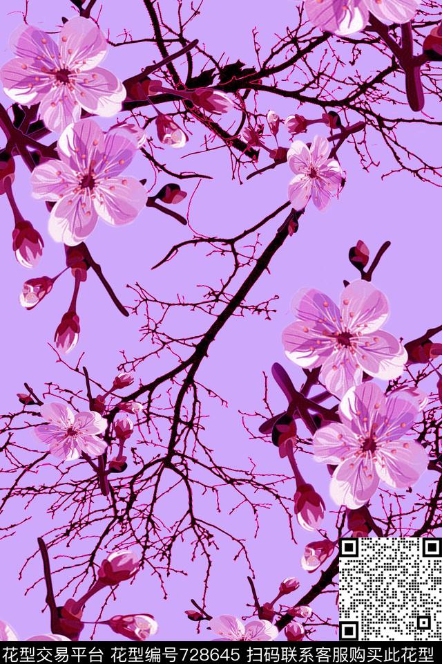 花和枝 浅紫底纹.jpg - 728645 - 血红 花卉 透明花 - 数码印花花型 － 女装花型设计 － 瓦栏