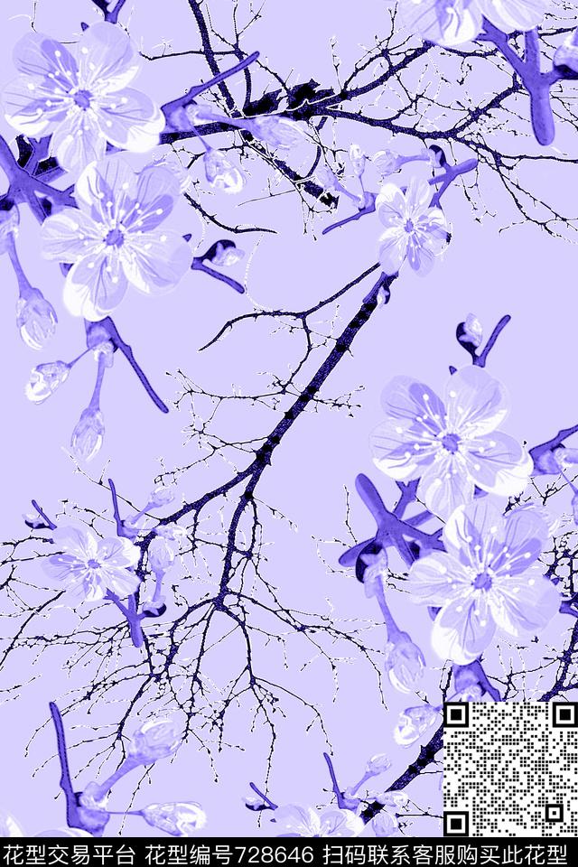 花和枝 浅紫底纹水晶花纹.jpg - 728646 - 血红 花卉 透明花 - 数码印花花型 － 女装花型设计 － 瓦栏
