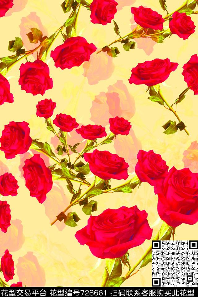 玫瑰黄色.jpg - 728661 - 血红 花卉 透明花 - 数码印花花型 － 女装花型设计 － 瓦栏