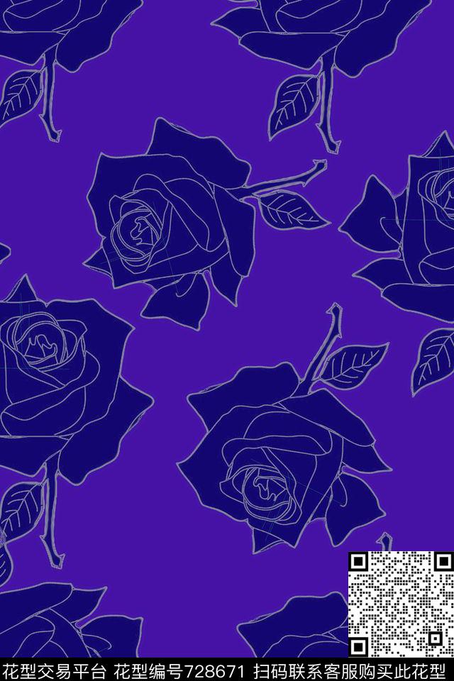 玫瑰大花红.jpg - 728671 - 血红 花卉 透明花 - 数码印花花型 － 女装花型设计 － 瓦栏