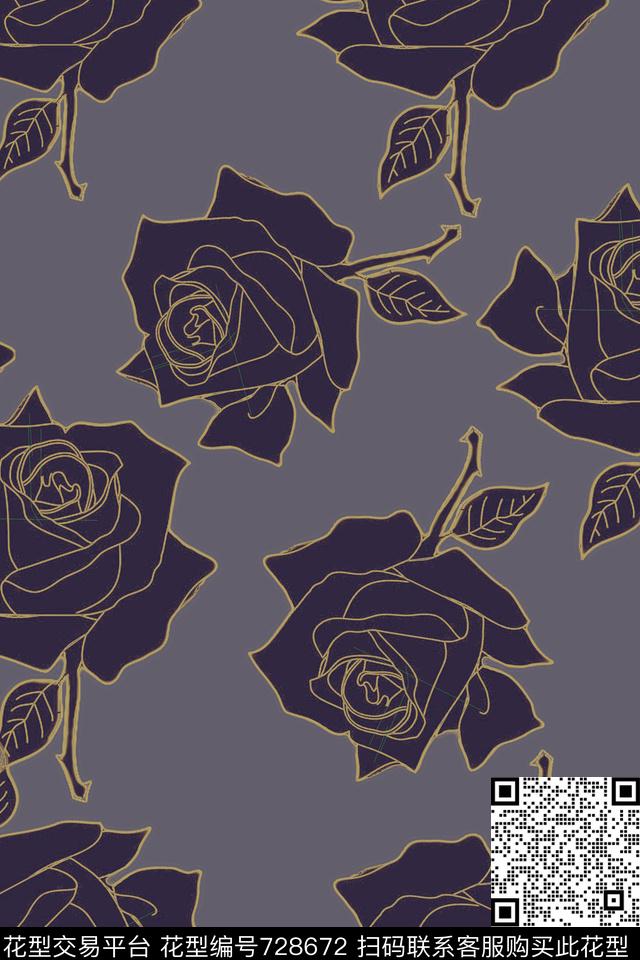 玫瑰大花灰.jpg - 728672 - 血红 花卉 透明花 - 数码印花花型 － 女装花型设计 － 瓦栏
