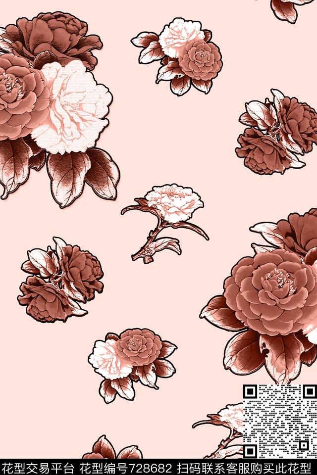 石雕花 橙.jpg - 728682 - 血红 花卉 透明花 - 数码印花花型 － 女装花型设计 － 瓦栏
