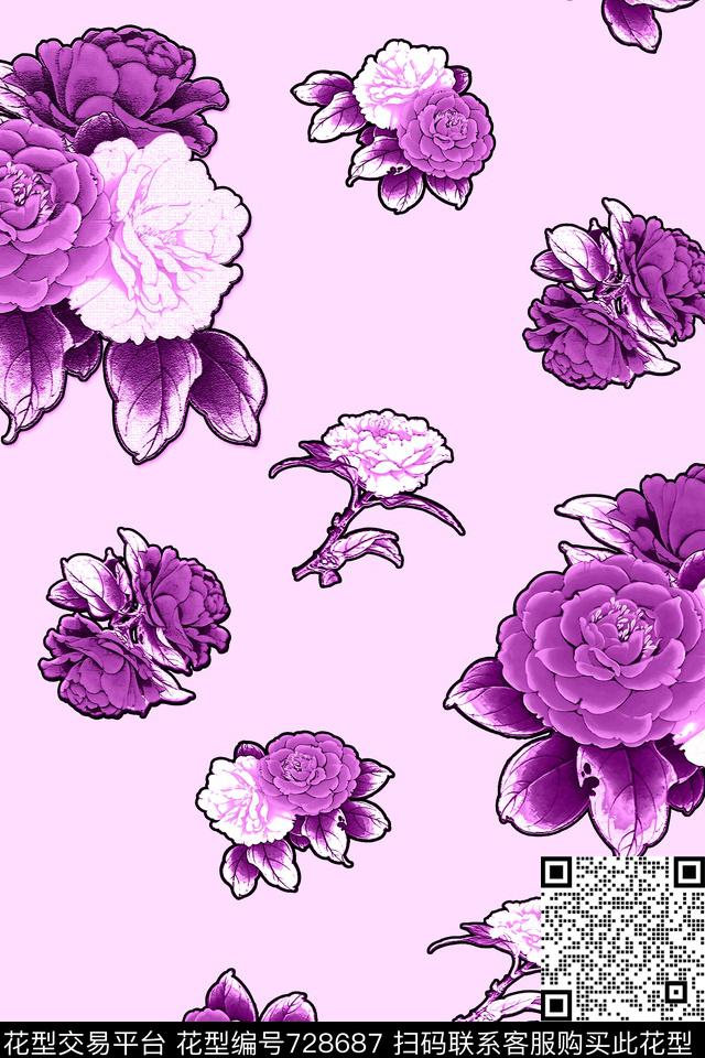 石雕花 浅紫.jpg - 728687 - 血红 花卉 透明花 - 数码印花花型 － 女装花型设计 － 瓦栏