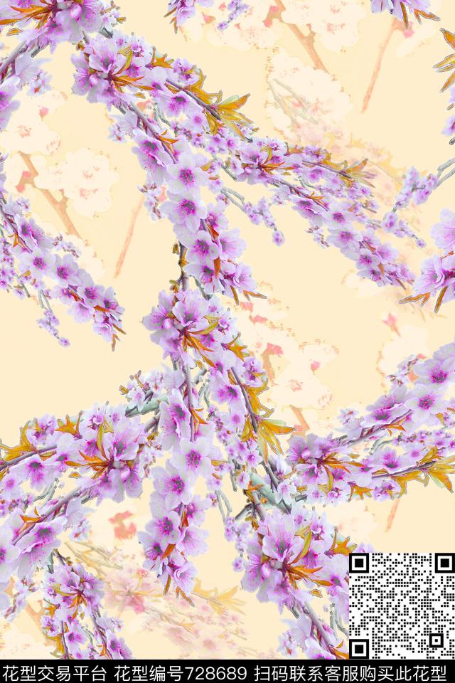 桃花藤粉.jpg - 728689 - 血红 花卉 透明花 - 数码印花花型 － 女装花型设计 － 瓦栏