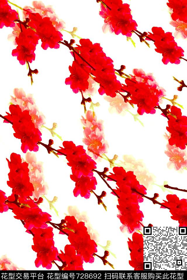 桃花枝白.jpg - 728692 - 血红 花卉 透明花 - 数码印花花型 － 女装花型设计 － 瓦栏