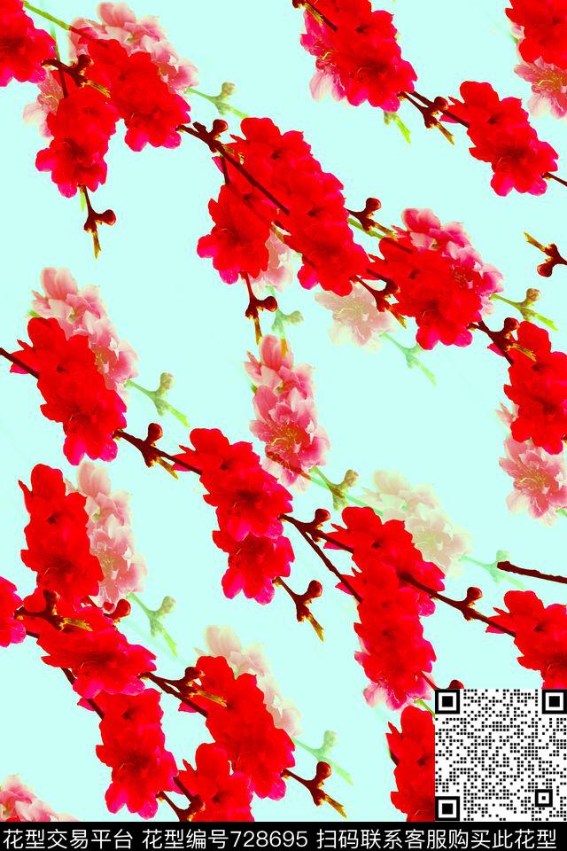 桃花枝浅蓝.jpg - 728695 - 血红 花卉 透明花 - 数码印花花型 － 女装花型设计 － 瓦栏