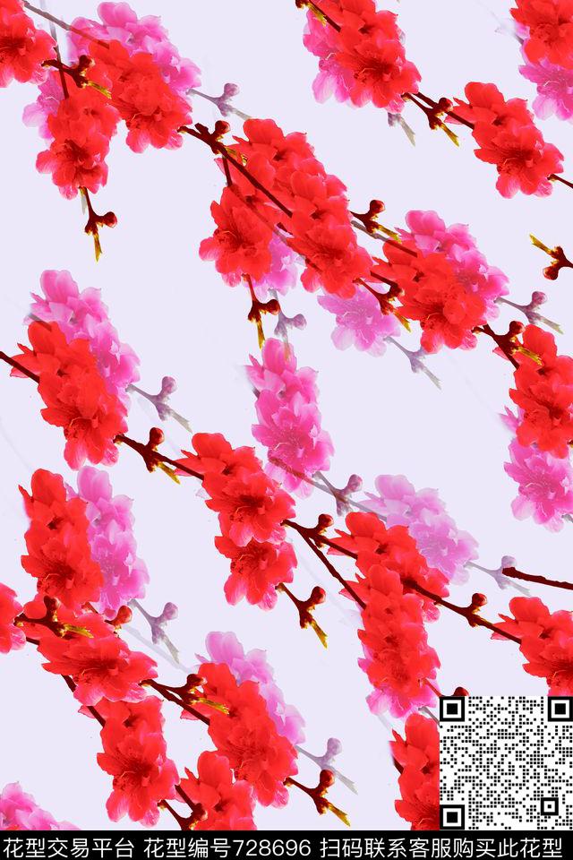 桃花枝浅紫.jpg - 728696 - 血红 花卉 透明花 - 数码印花花型 － 女装花型设计 － 瓦栏