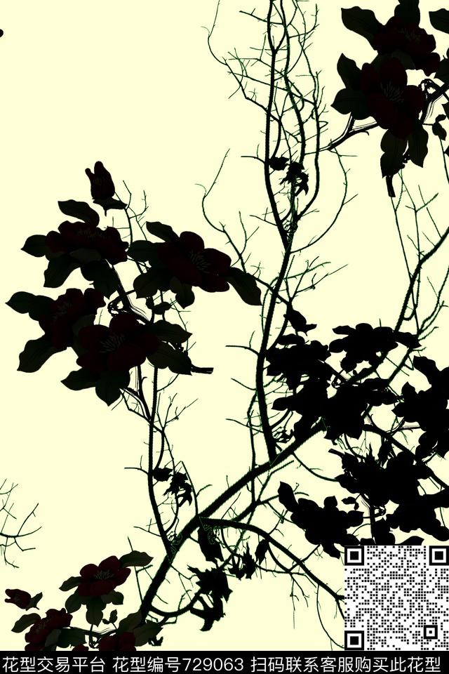 黑色-黄色背景.jpg - 729063 - 血红 花卉 透明花 - 数码印花花型 － 女装花型设计 － 瓦栏