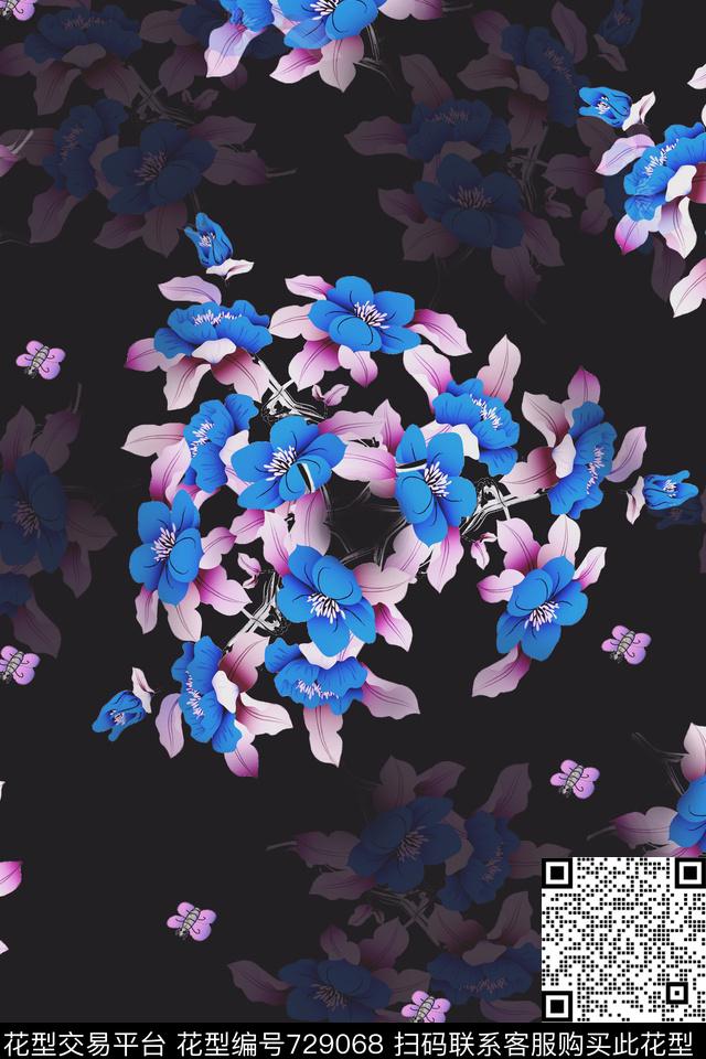 花开花黑底.jpg - 729068 - 血红 花卉 透明花 - 数码印花花型 － 女装花型设计 － 瓦栏