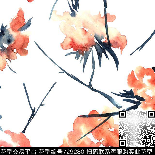 水墨花，橘色，大花.jpg - 729280 - 水墨花卉 - 数码印花花型 － 女装花型设计 － 瓦栏