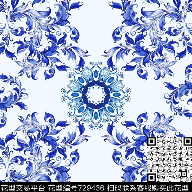 20161026-004.jpg - 729436 - 青花瓷 中国风 方巾 - 数码印花花型 － 方巾花型设计 － 瓦栏