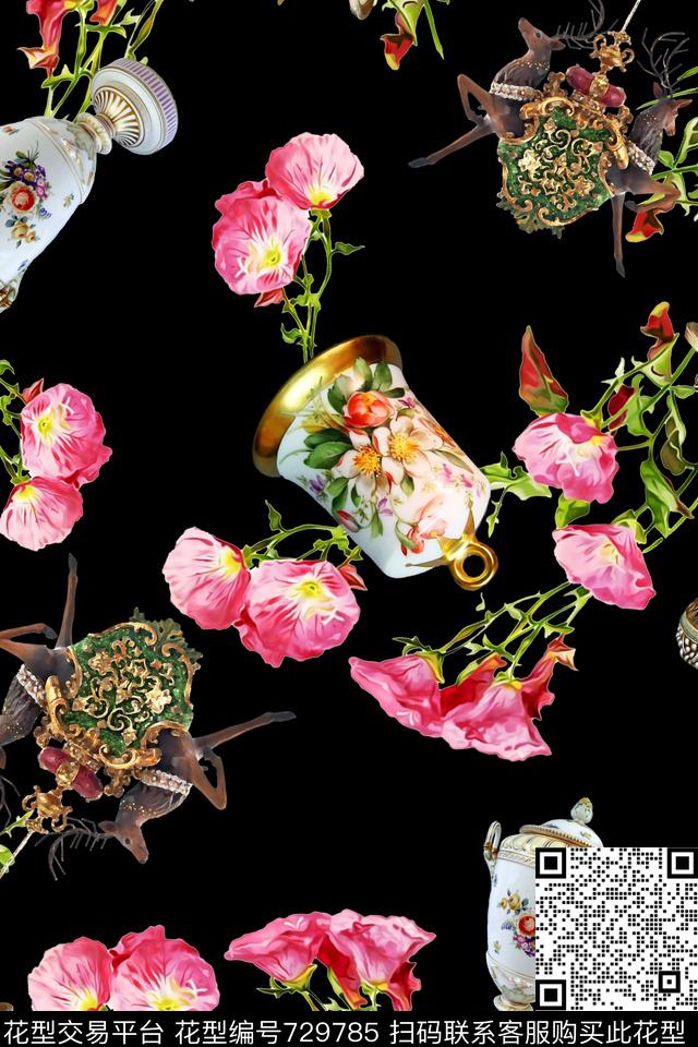 花瓶 动物 手绘花卉.jpg - 729785 - 花瓶 手绘花卉 动物 - 数码印花花型 － 女装花型设计 － 瓦栏
