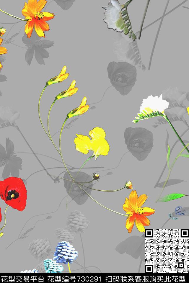 乱花灰色.jpg - 730291 - 血红 花卉 透明花 - 数码印花花型 － 女装花型设计 － 瓦栏