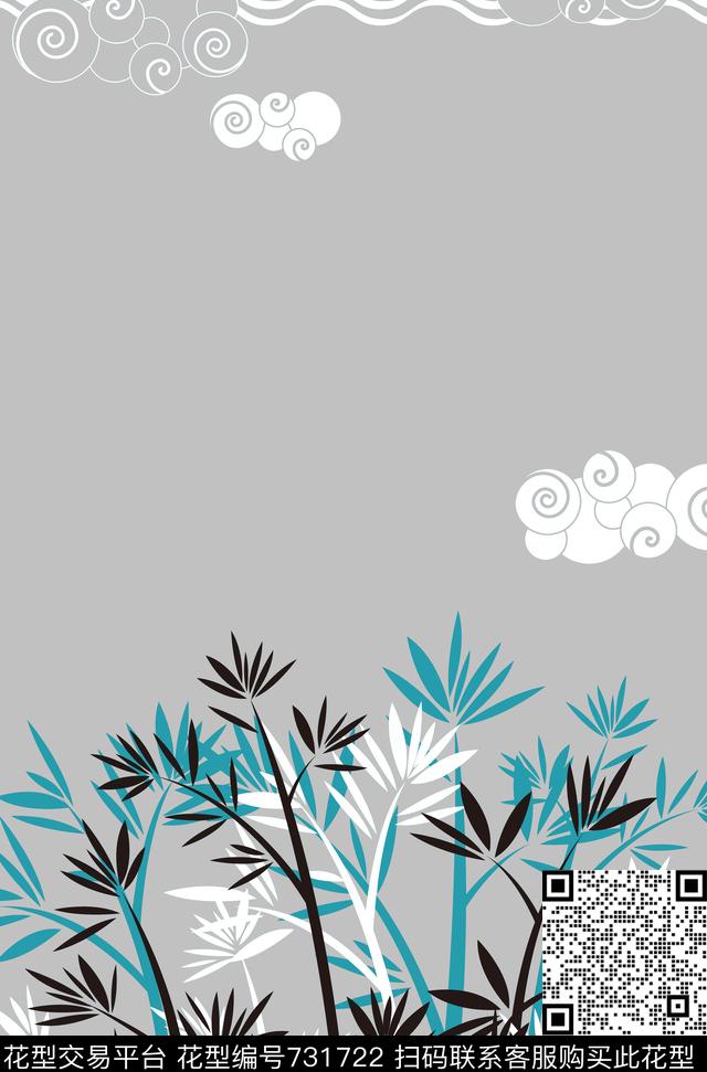 复古中国风手绘山水竹叶图.jpg - 731722 - 简欧 部落 青花瓷 - 传统印花花型 － 女装花型设计 － 瓦栏