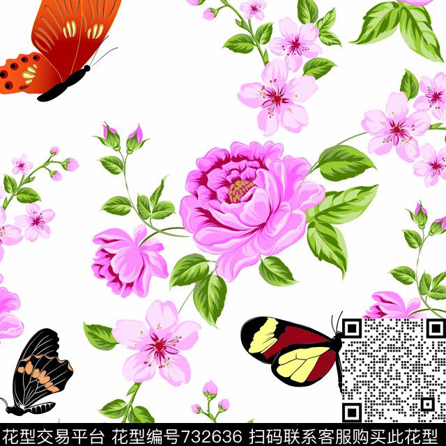 TY0001-1.jpg - 732636 - 花朵、蝴蝶、 清新、自然。 - 数码印花花型 － 女装花型设计 － 瓦栏