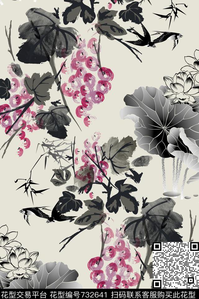 国画.jpg - 732641 - 女装 花卉 植物纹 - 数码印花花型 － 女装花型设计 － 瓦栏
